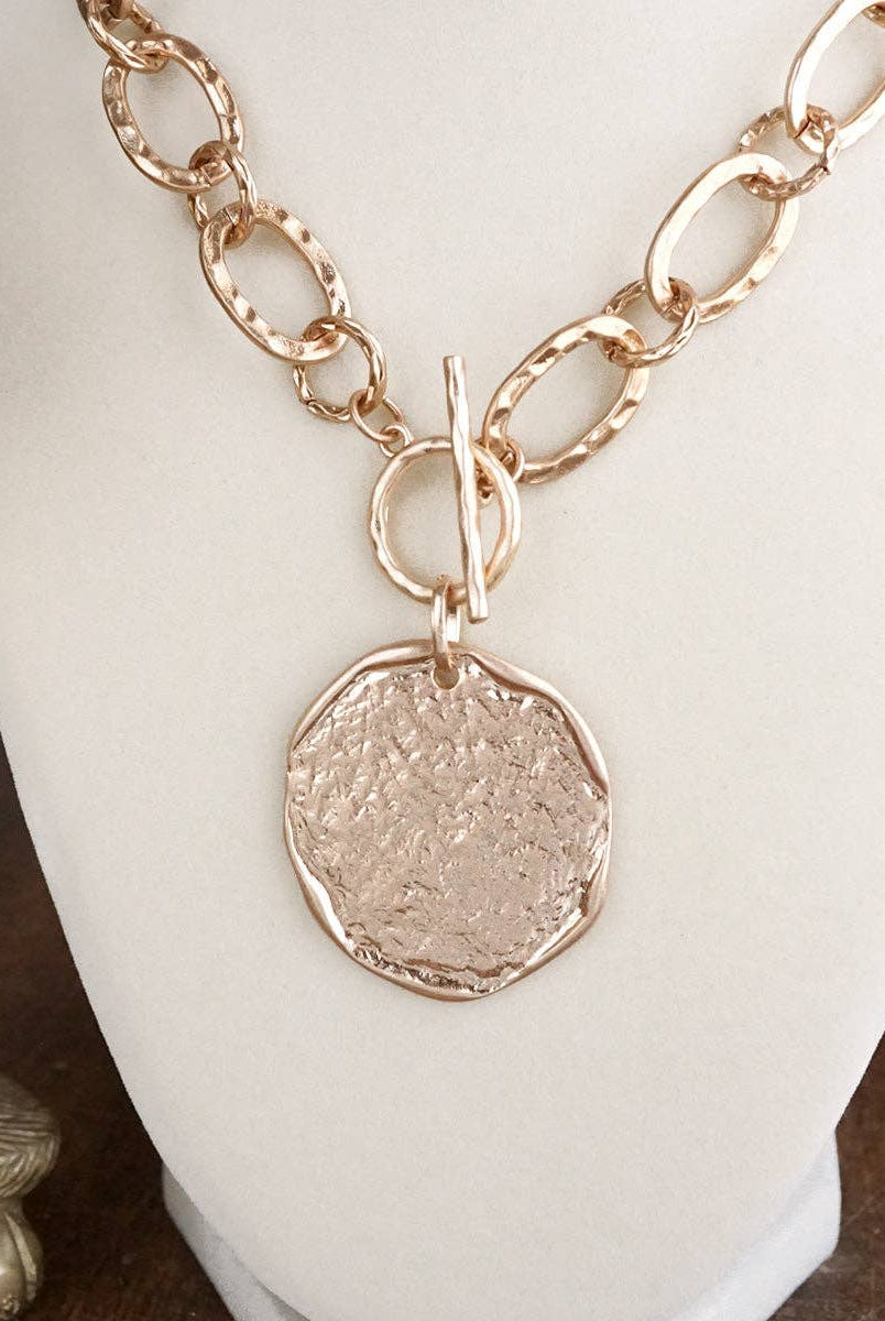 Nomad Glow – Front Toggle Statement Necklace with Hammered Disc-Necklaces-PennyLine inc-Stuffology - Where Vintage Meets Modern, A Boutique for Real Women in Crosbyton, TX