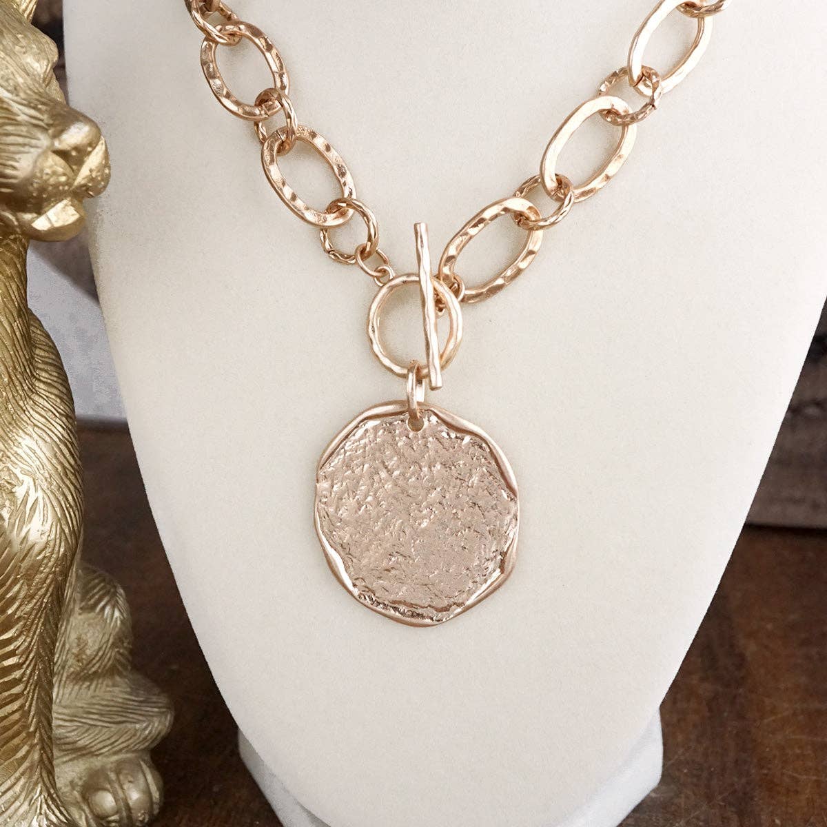 Nomad Glow – Front Toggle Statement Necklace with Hammered Disc-Necklaces-PennyLine inc-Stuffology - Where Vintage Meets Modern, A Boutique for Real Women in Crosbyton, TX
