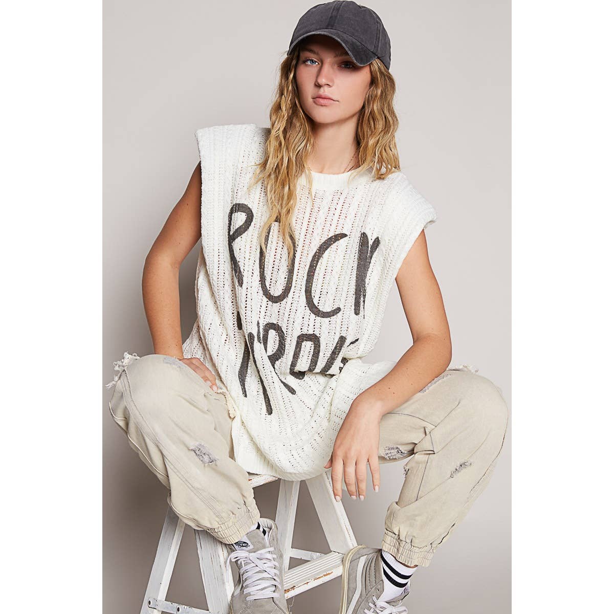 POL Clothing Rock N Roll Graphic Lettering Round Sleeveless Top-TOP-Pol Clothing-Stuffology - Where Vintage Meets Modern, A Boutique for Real Women in Crosbyton, TX