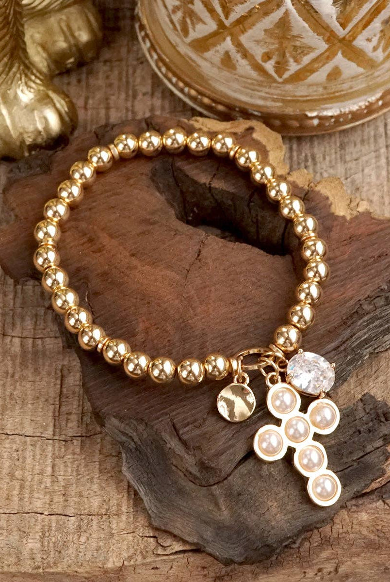 Golden Keepsakes – Charm Cluster Stretch Bracelet with Beads & Stones-Bracelets-PennyLine inc-Stuffology - Where Vintage Meets Modern, A Boutique for Real Women in Crosbyton, TX