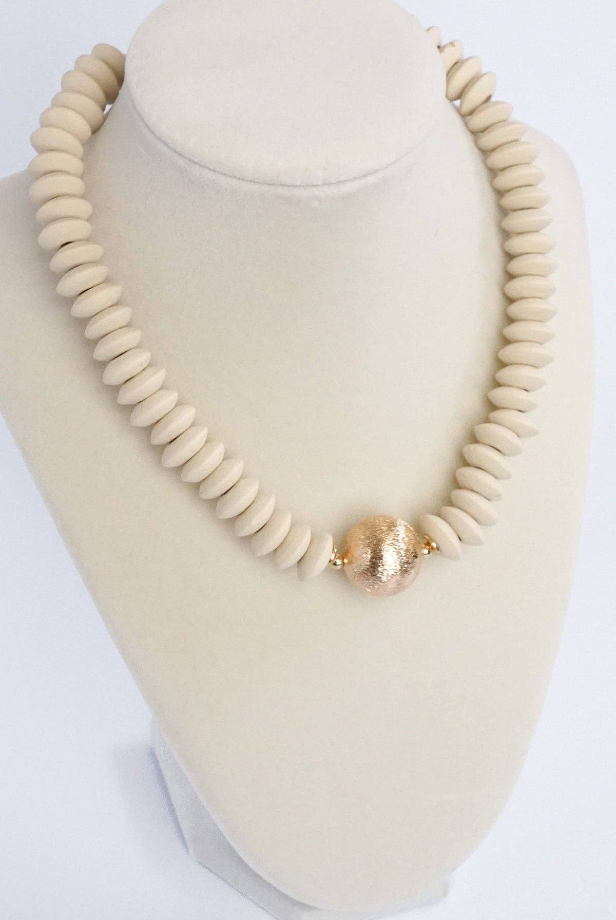 Wood Saucer Beads Short Statement Necklace Gold center Hot Pink Beige Turquoise-Necklaces-PennyLine inc-Stuffology - Where Vintage Meets Modern, A Boutique for Real Women in Crosbyton, TX