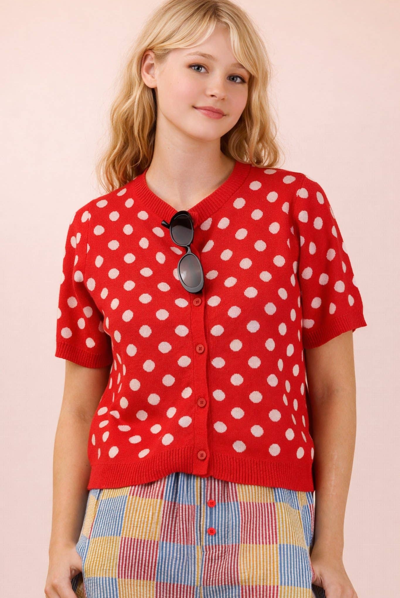 Polka Dot Button Down Knit Sweater Cardigan-Sweater Cardigan-VERY J-Stuffology - Where Vintage Meets Modern, A Boutique for Real Women in Crosbyton, TX