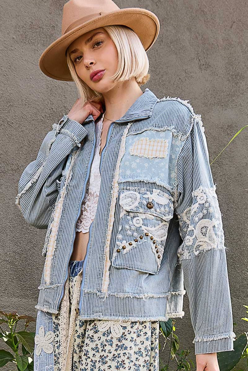 POL Clothing - Long sleeve textured woven lace patchwork jacket-Jackets-Pol Clothing-Stuffology - Where Vintage Meets Modern, A Boutique for Real Women in Crosbyton, TX