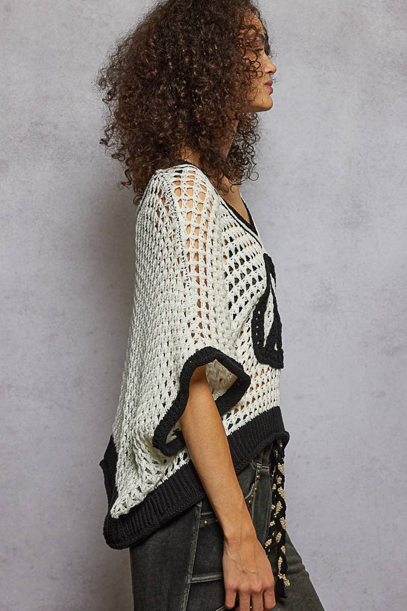 Oversize Boho Peace Crochet Top - Black & White-Crochet Top-Pol Clothing-Stuffology - Where Vintage Meets Modern, A Boutique for Real Women in Crosbyton, TX