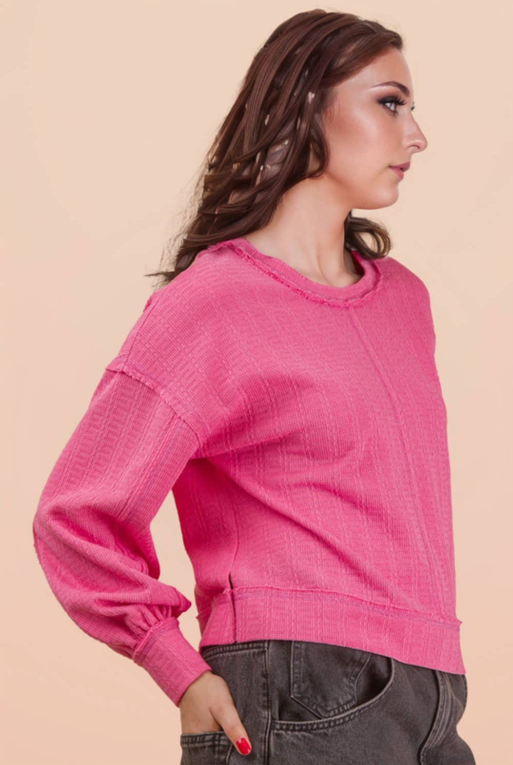 Raw Edge Detail Oversized Textured Knit Top-Top-VERY J-Stuffology - Where Vintage Meets Modern, A Boutique for Real Women in Crosbyton, TX