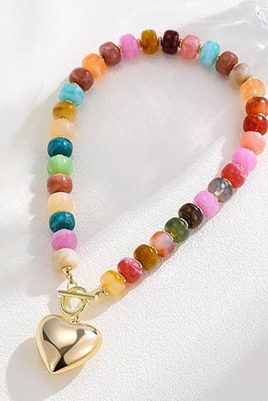 MULTI BEADED HEART CHARM TOGGLE NECKLACE-Necklaces-Stuffology Boutique-Stuffology - Where Vintage Meets Modern, A Boutique for Real Women in Crosbyton, TX