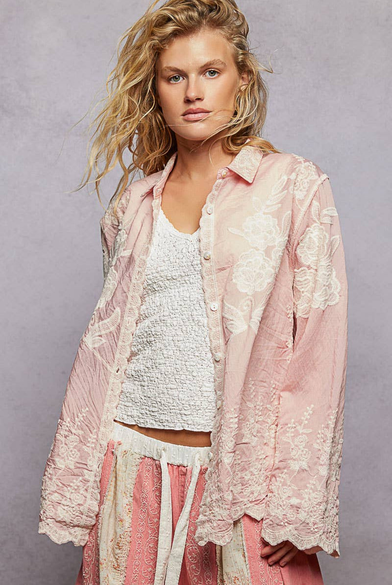 Long Sleeve Embroidered Scalloped Edge Shirt Top-Pol Clothing-Stuffology - Where Vintage Meets Modern, A Boutique for Real Women in Crosbyton, TX