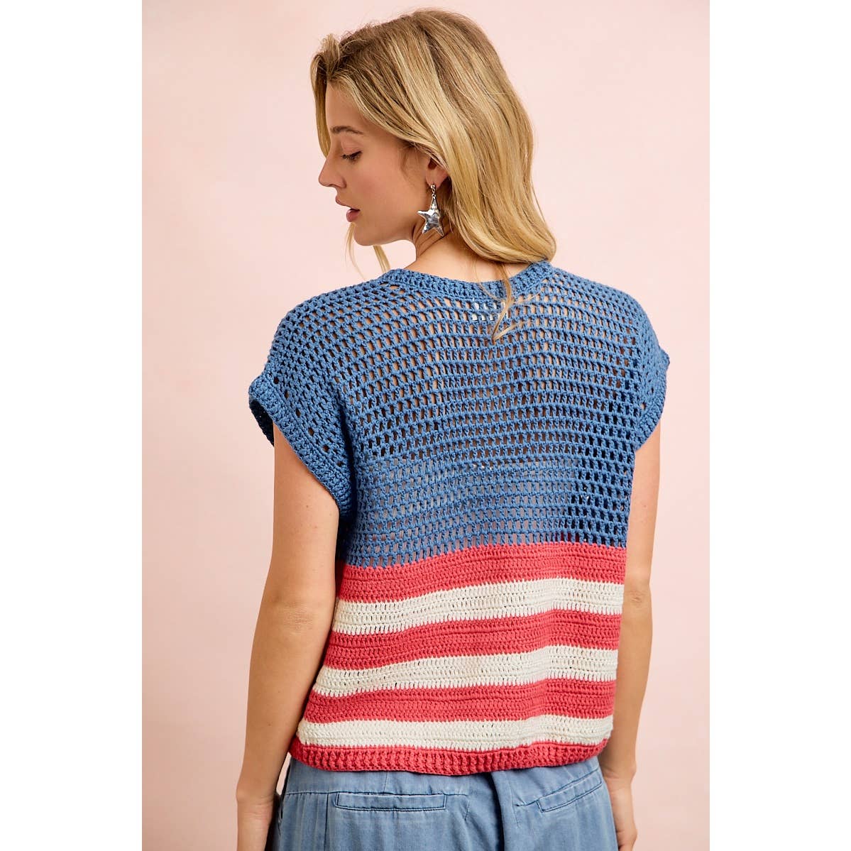 AMERICAN FLAG CROCHET SHORT SLEEVE CARDIGAN-vest-BiBi-Stuffology - Where Vintage Meets Modern, A Boutique for Real Women in Crosbyton, TX