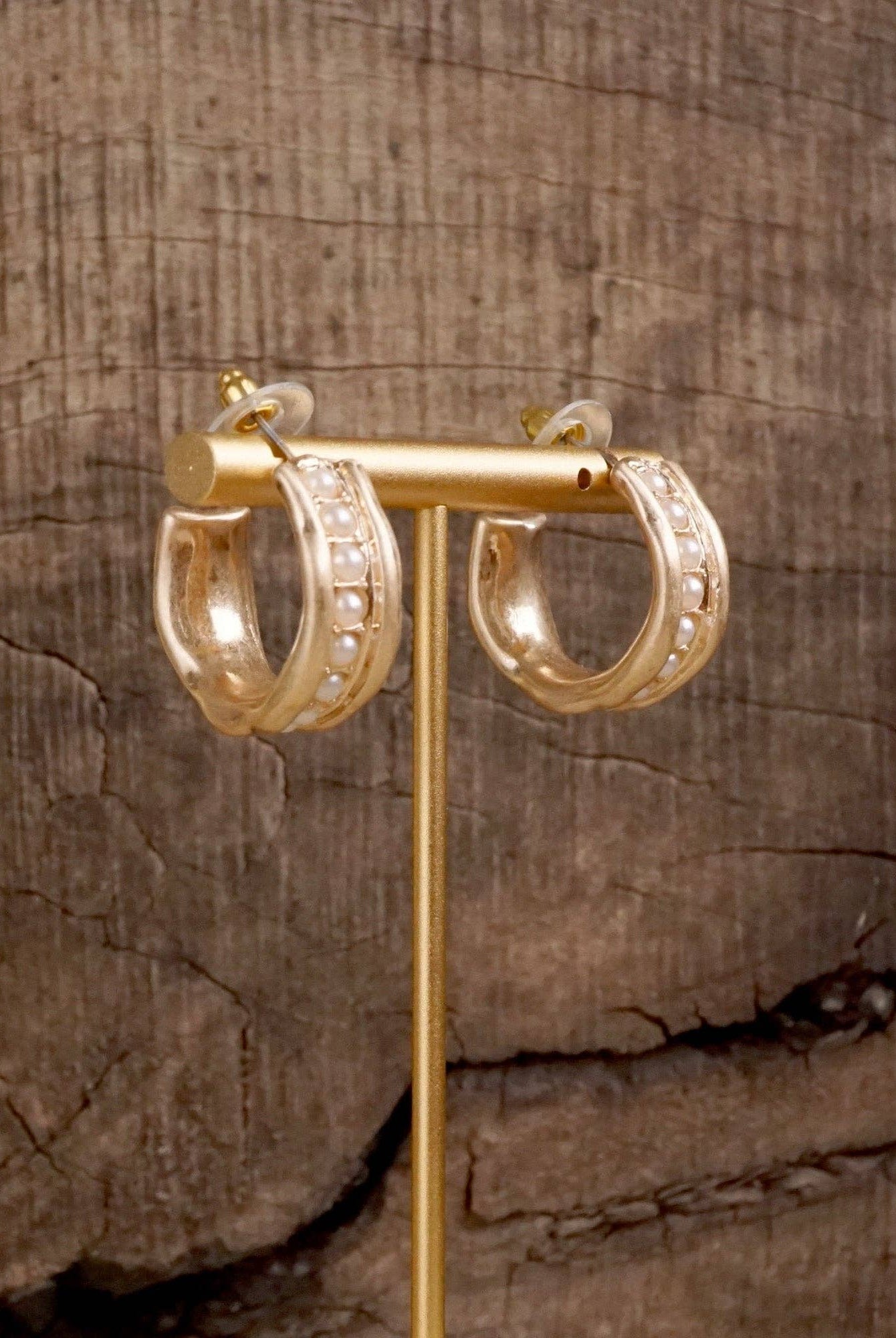 Minimalist Hoops with Faux Pearls or Turquoise – Brushed Gold-Earrings-PennyLine inc-Stuffology - Where Vintage Meets Modern, A Boutique for Real Women in Crosbyton, TX
