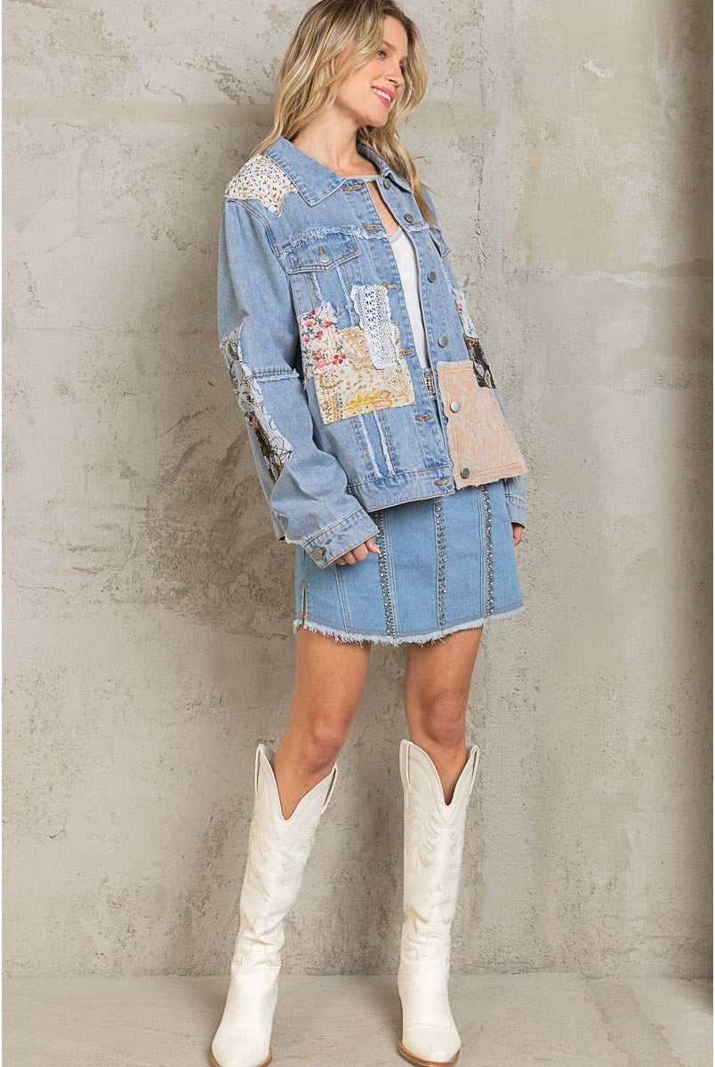 Distressed Outseam Patch Detail Button Down Denim Jacket /Stuffology Boutique-Jackets-Pol Clothing-Stuffology - Where Vintage Meets Modern, A Boutique for Real Women in Crosbyton, TX