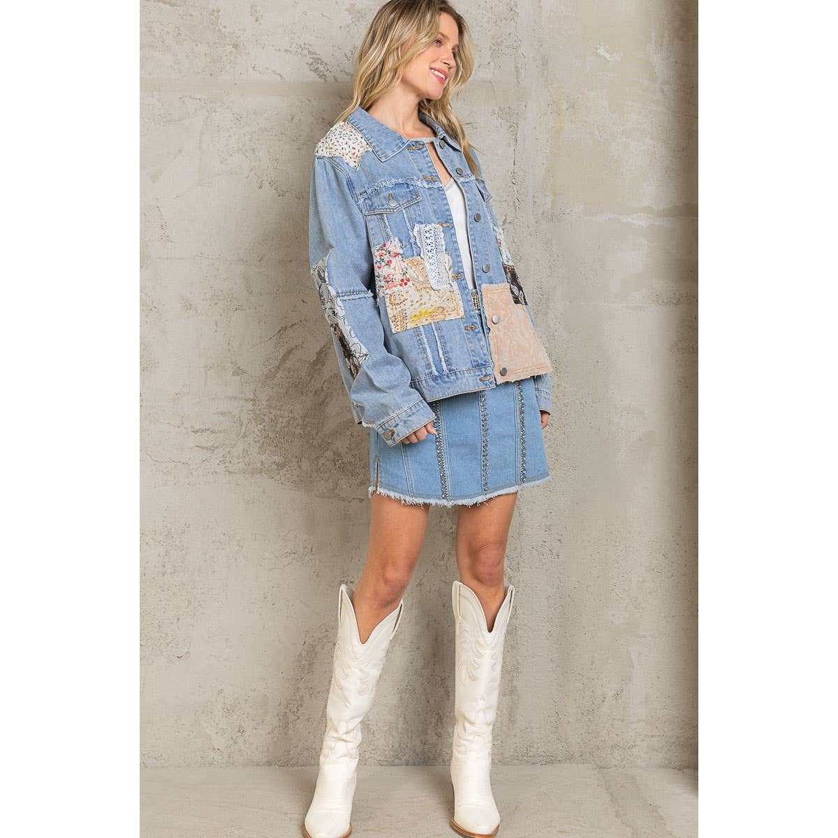 Distressed Outseam Patch Detail Button Down Denim Jacket /Stuffology Boutique-Jackets-Pol Clothing-Stuffology - Where Vintage Meets Modern, A Boutique for Real Women in Crosbyton, TX