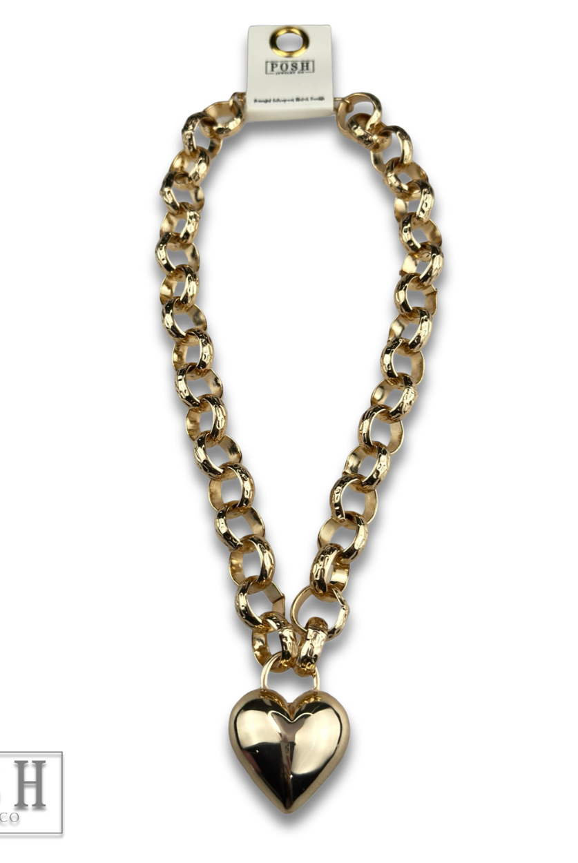 Puffed heart and chunky chain necklace-Pink Panache Brands-Stuffology - Where Vintage Meets Modern, A Boutique for Real Women in Crosbyton, TX