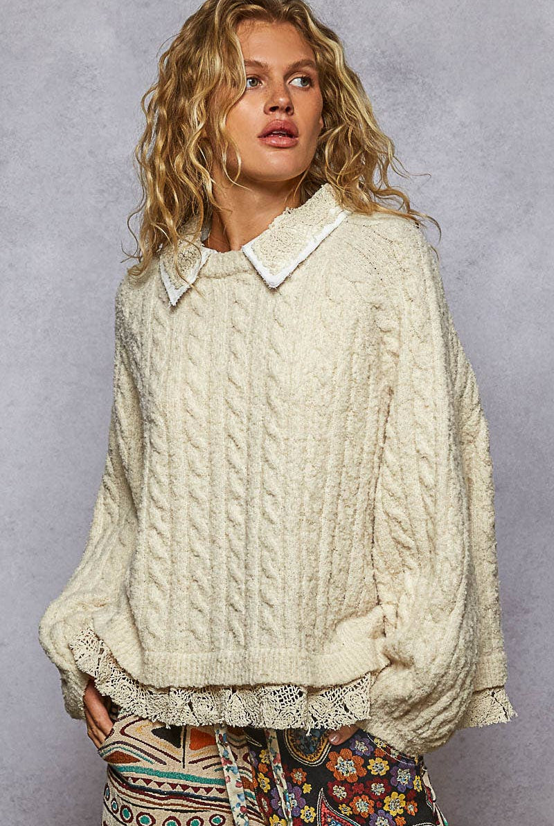Collar neck double gauze crochet patch solid sweater top - POL Clothing-Sweaters-Pol Clothing-Stuffology - Where Vintage Meets Modern, A Boutique for Real Women in Crosbyton, TX
