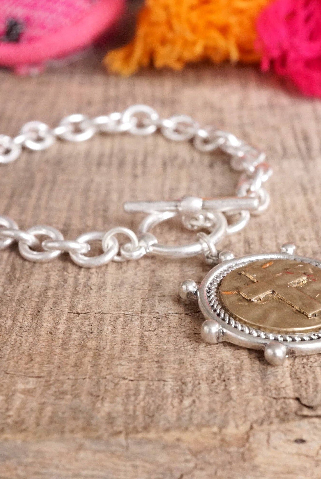 Cross Coin Chain Bracelet Toggle Closure Silver or Gold Tone-Bracelets-PennyLine inc-Stuffology - Where Vintage Meets Modern, A Boutique for Real Women in Crosbyton, TX