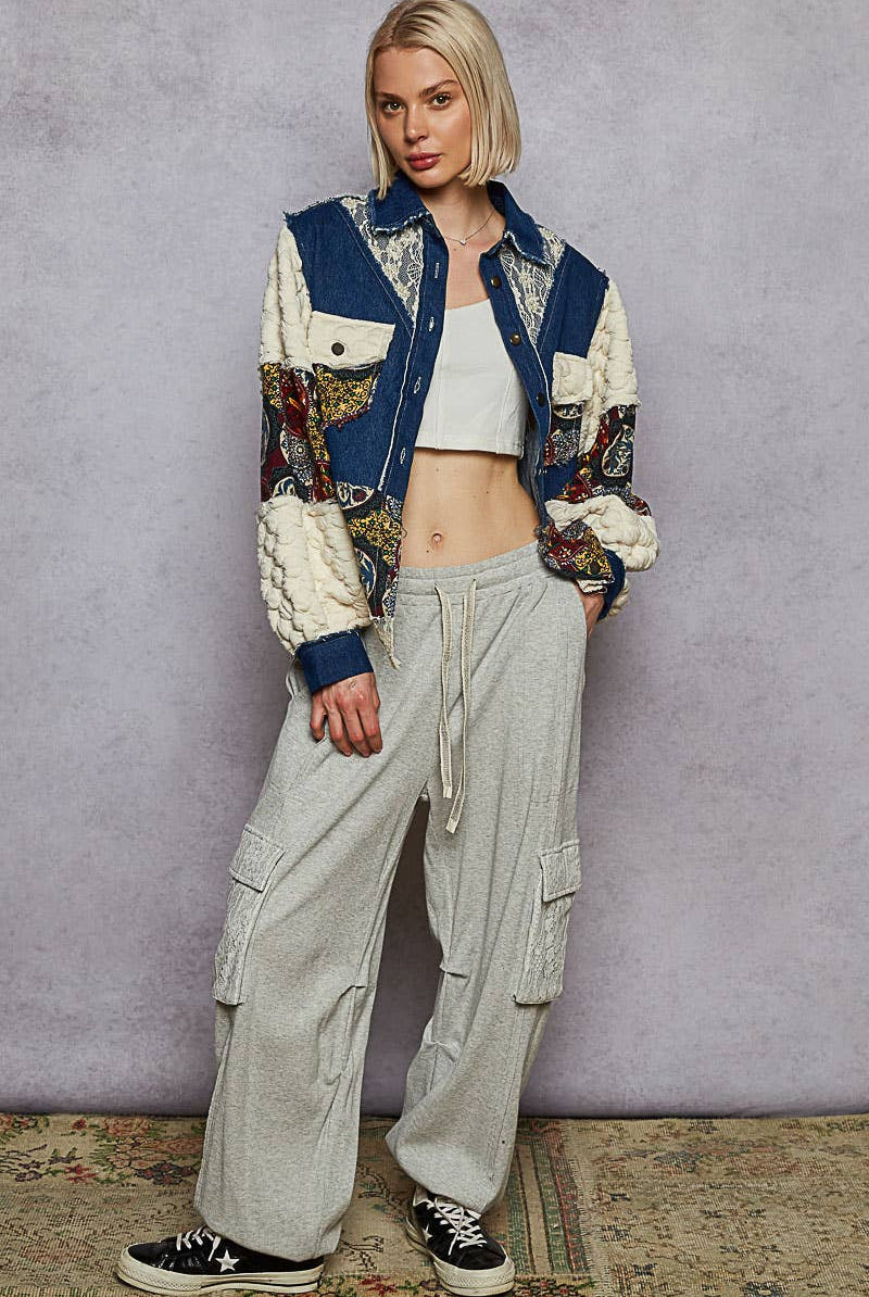 POL Clothing - Denim Patchwork Jacket-Denim Jacket-Pol Clothing-Stuffology - Where Vintage Meets Modern, A Boutique for Real Women in Crosbyton, TX
