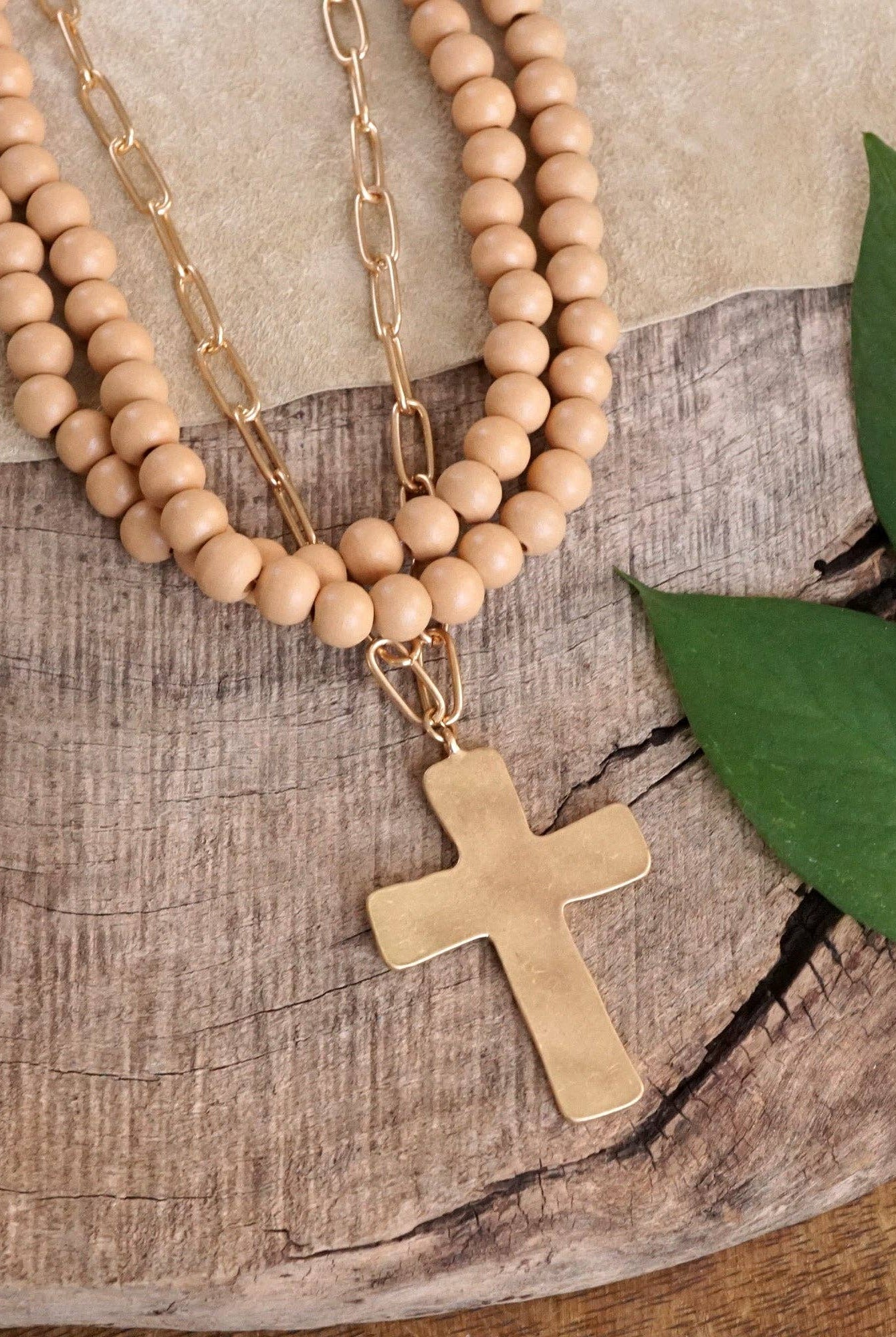 Multi Strand Wood Beads Short Statement Cross Necklace Natural Light Brown-Necklaces-PennyLine inc-Stuffology - Where Vintage Meets Modern, A Boutique for Real Women in Crosbyton, TX