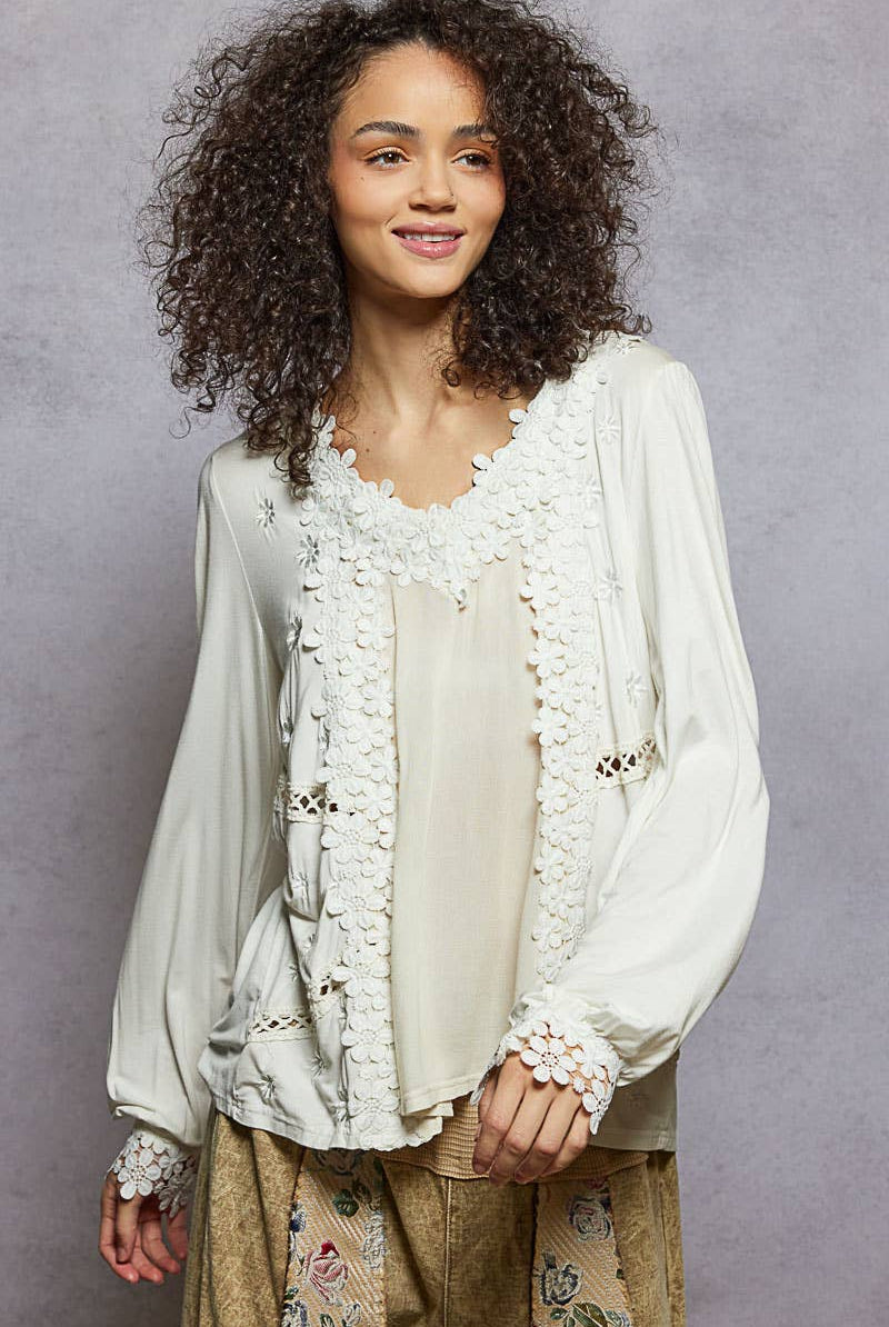 Long Sleeve Contrast Floral Lace Crochet V-Neck Top-Pol Clothing-Stuffology - Where Vintage Meets Modern, A Boutique for Real Women in Crosbyton, TX
