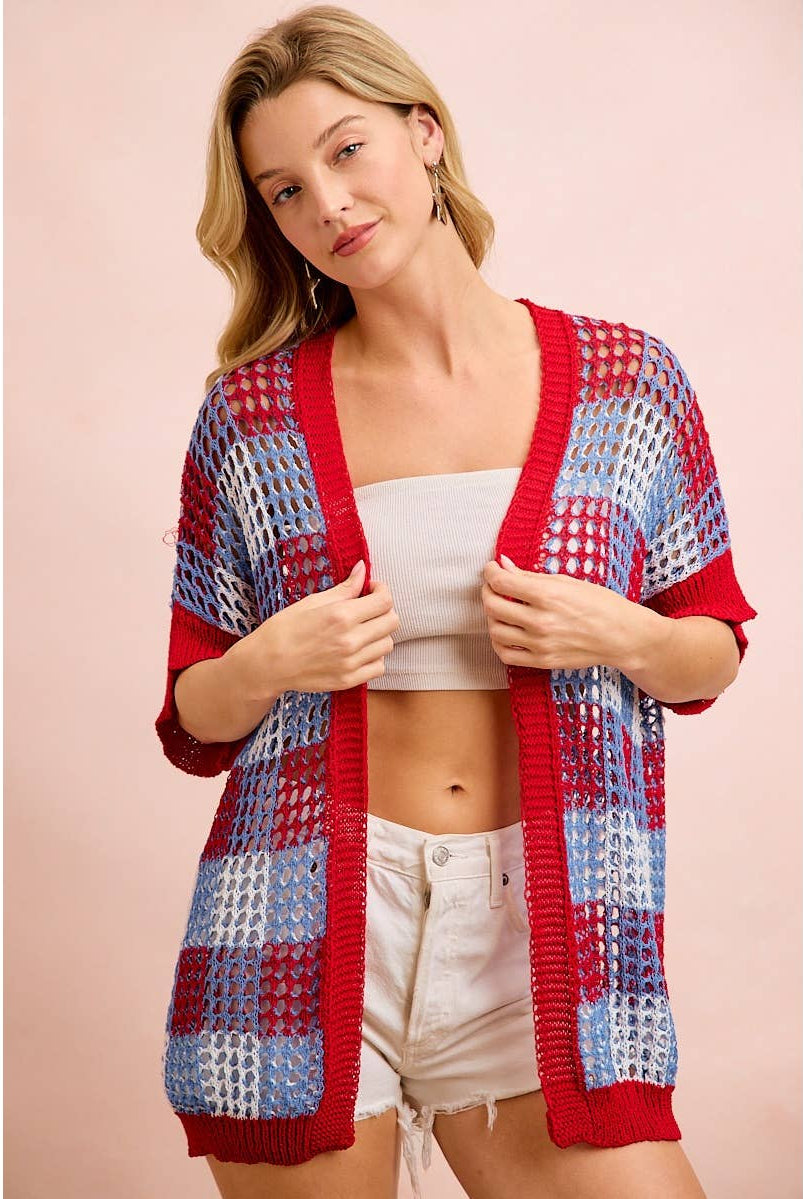 Checker Board Open Knit Cardigan-Cardigan-BiBi-Stuffology - Where Vintage Meets Modern, A Boutique for Real Women in Crosbyton, TX