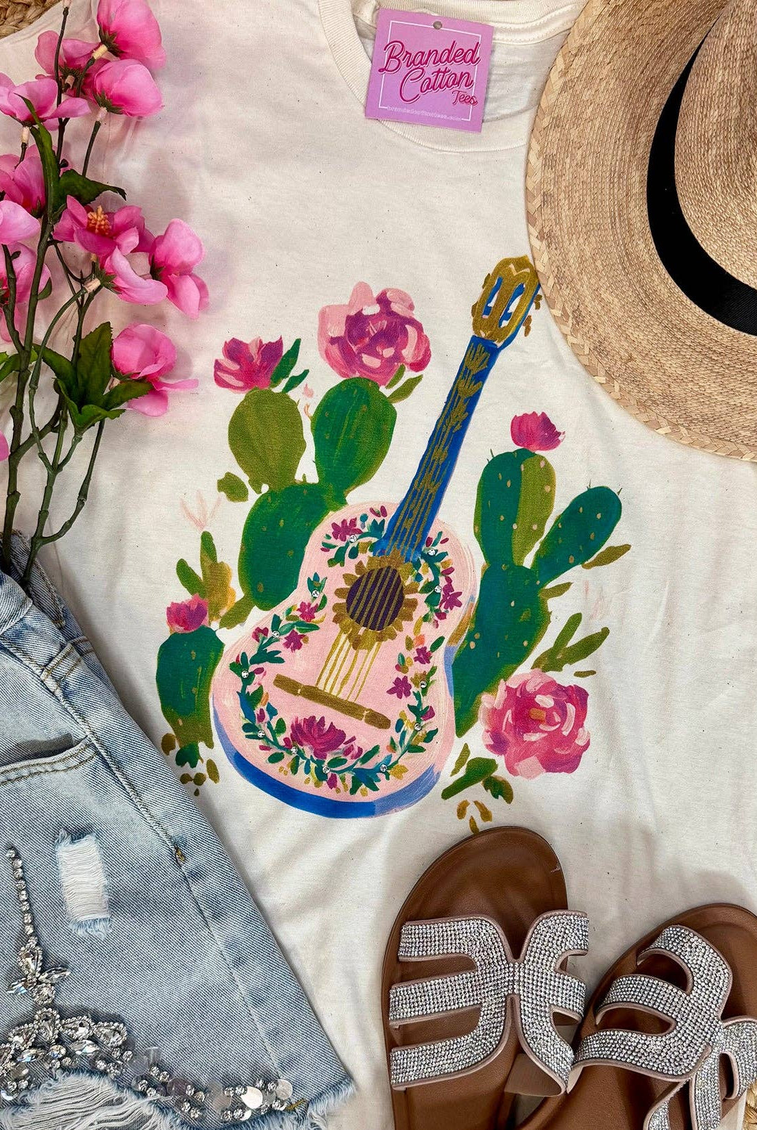 Floral Cactus Guitar Graphic Tee-Graphic Tees-Branded Cotton-Stuffology - Where Vintage Meets Modern, A Boutique for Real Women in Crosbyton, TX