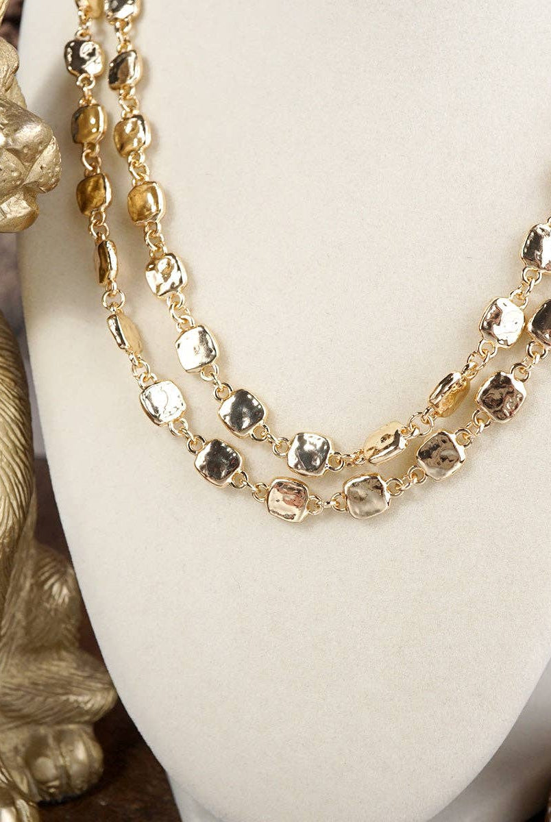 Golden Current – Textured Double Strand Square Link Necklace-Necklaces-PennyLine inc-Stuffology - Where Vintage Meets Modern, A Boutique for Real Women in Crosbyton, TX