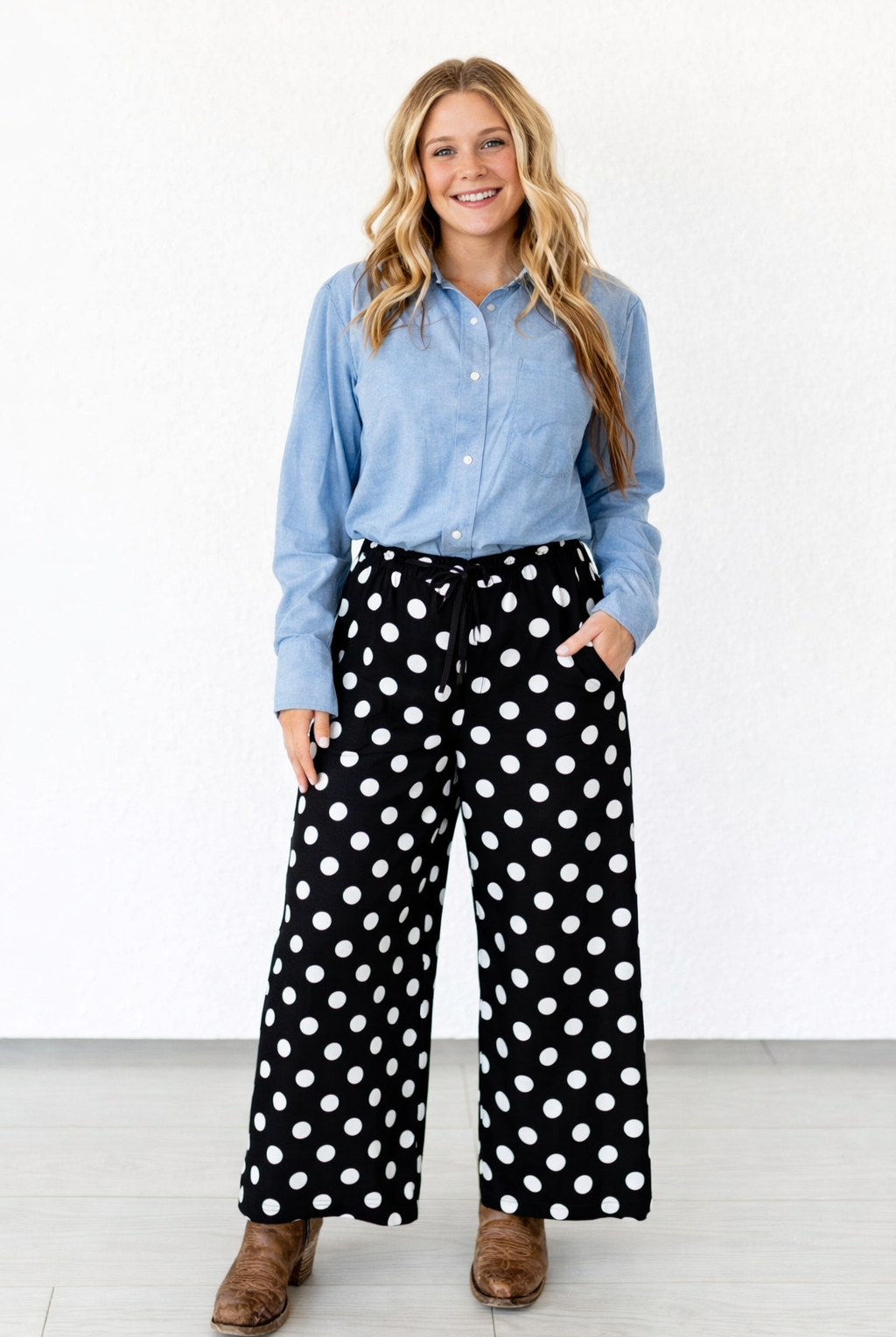 BLACK & WHITE POLKA DOT WIDE LEG PANTS-Pants-Turquoise Haven-Stuffology - Where Vintage Meets Modern, A Boutique for Real Women in Crosbyton, TX