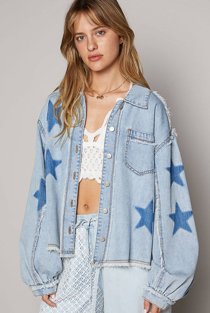 Oversize star prints raw edge denim shacket-Jackets-Pol Clothing-Stuffology - Where Vintage Meets Modern, A Boutique for Real Women in Crosbyton, TX