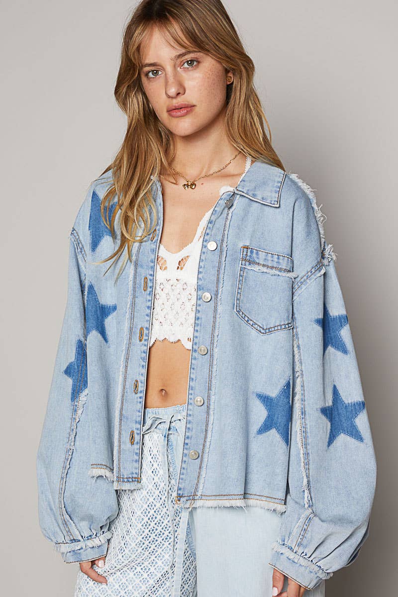 Oversize star prints raw edge denim shacket-Jackets-Pol Clothing-Stuffology - Where Vintage Meets Modern, A Boutique for Real Women in Crosbyton, TX