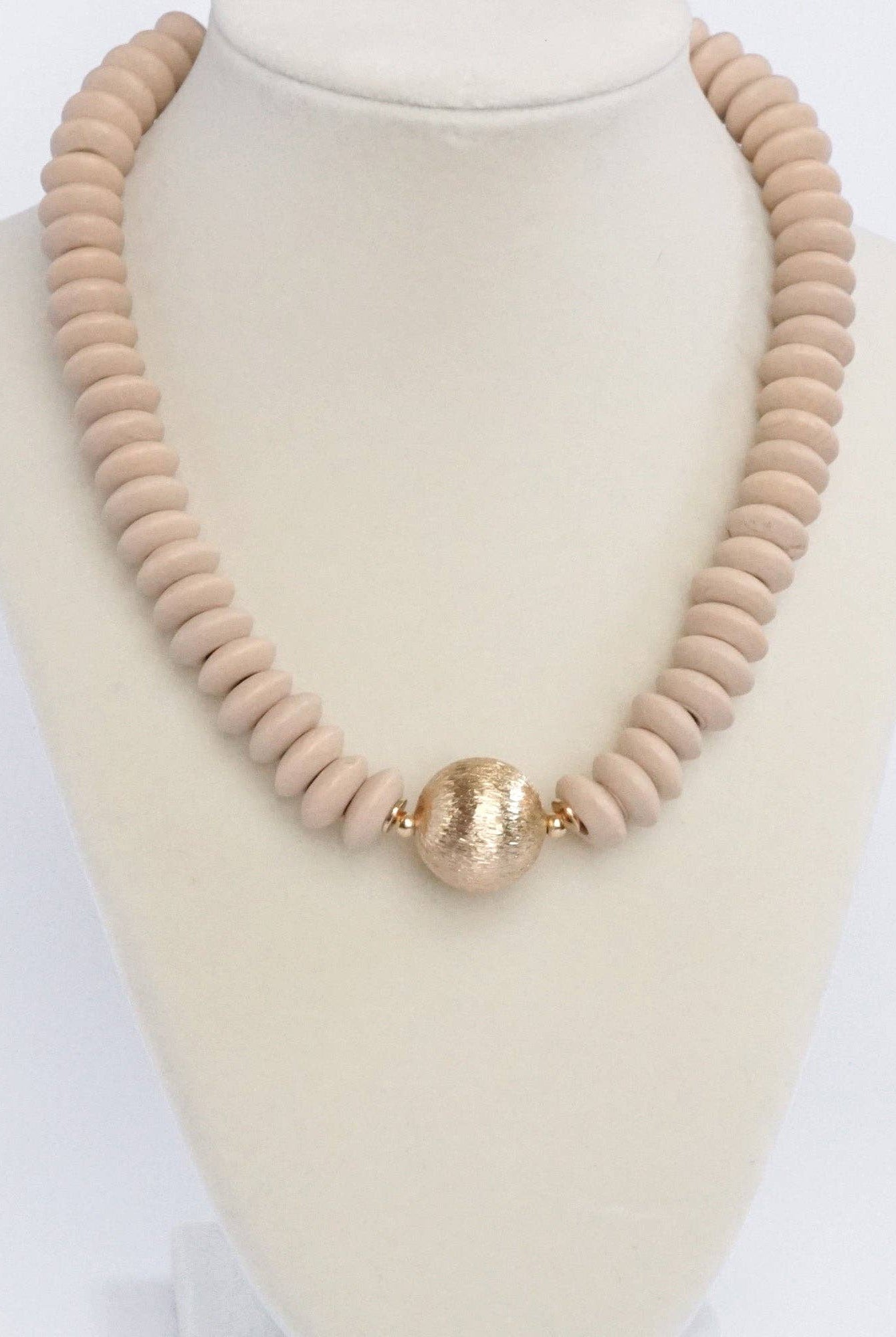 Wood Saucer Beads Short Statement Necklace Gold center Hot Pink Beige Turquoise-Necklaces-PennyLine inc-Stuffology - Where Vintage Meets Modern, A Boutique for Real Women in Crosbyton, TX