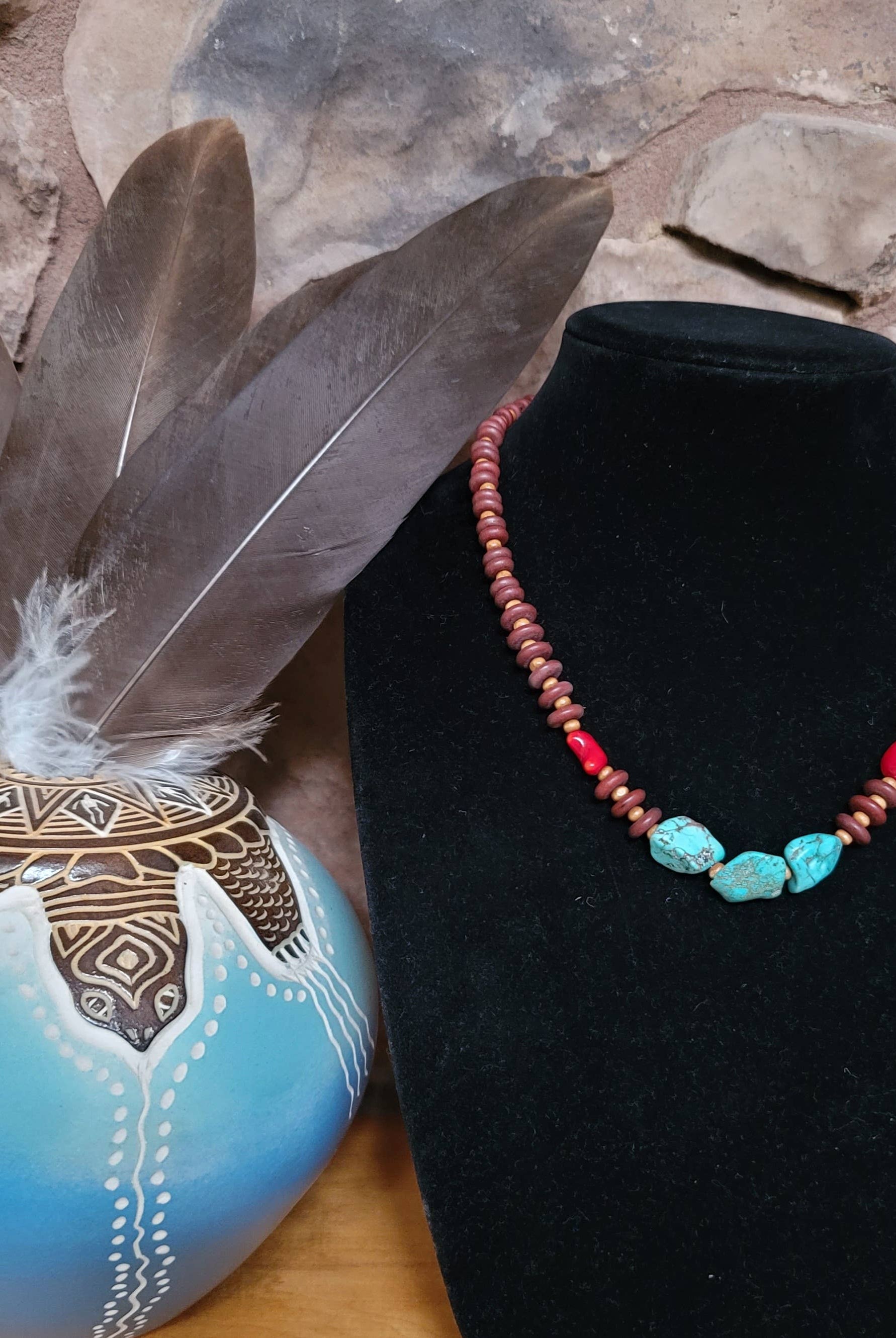 Turquoise, Coral Necklace, wood beads Native American made-Necklaces-Horse Spirit Studio-Stuffology - Where Vintage Meets Modern, A Boutique for Real Women in Crosbyton, TX