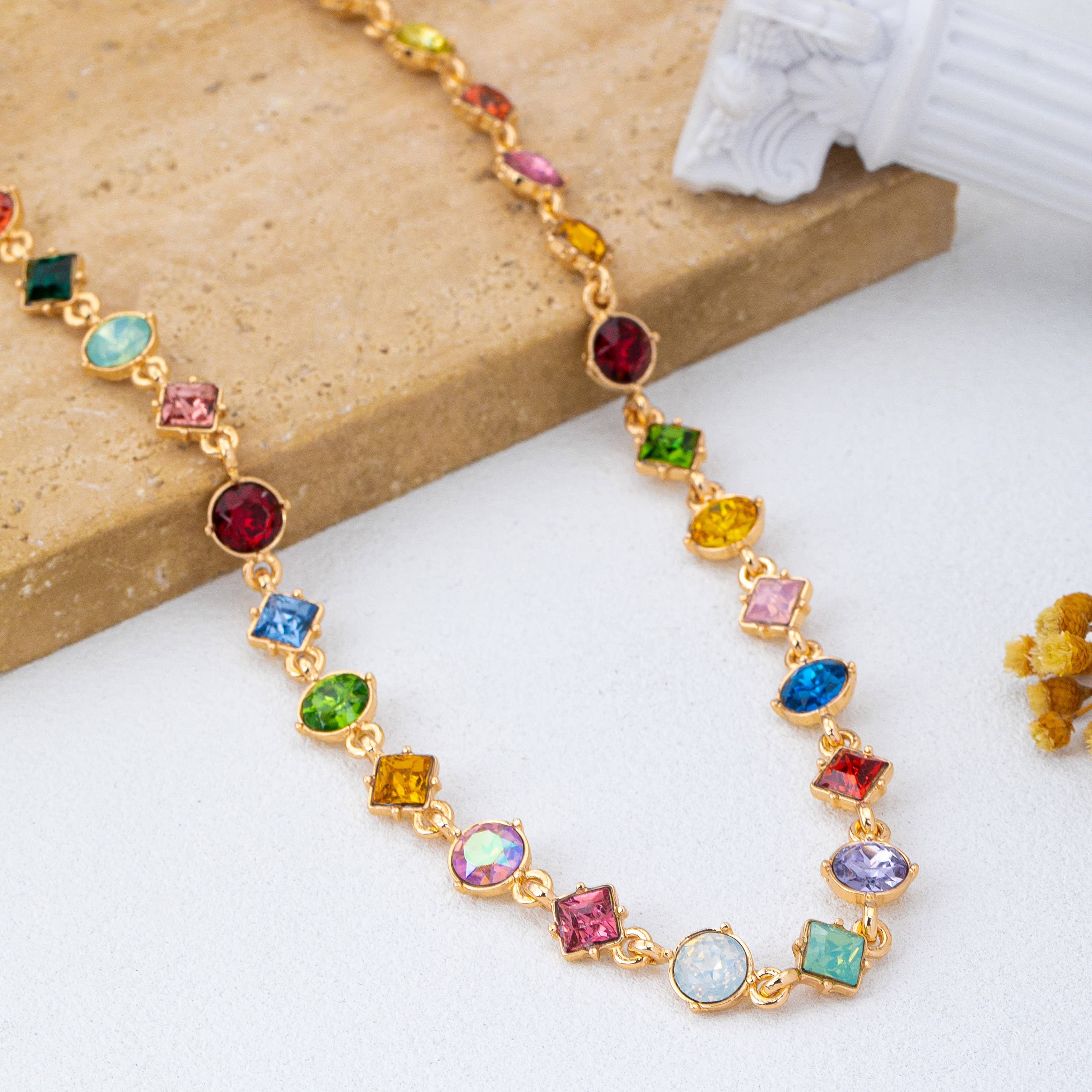 Multicolored Mixed-Shape Crystal Station Necklace | 80N93256-Necklaces-JOSSLYN by wall to wall-Stuffology - Where Vintage Meets Modern, A Boutique for Real Women in Crosbyton, TX