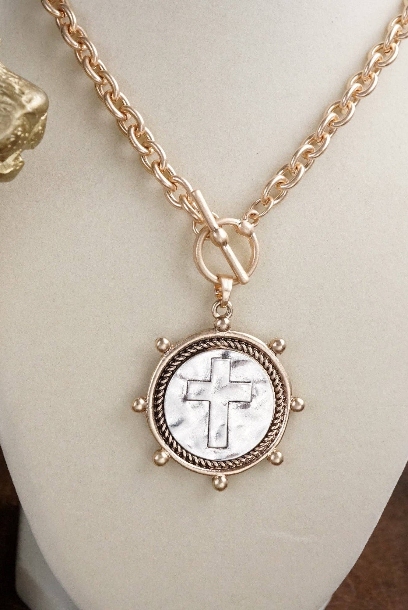 Cross Coin Chain Necklace with Front Toggle Closure – Silver or Gold Tone-Necklaces-PennyLine inc-Stuffology - Where Vintage Meets Modern, A Boutique for Real Women in Crosbyton, TX