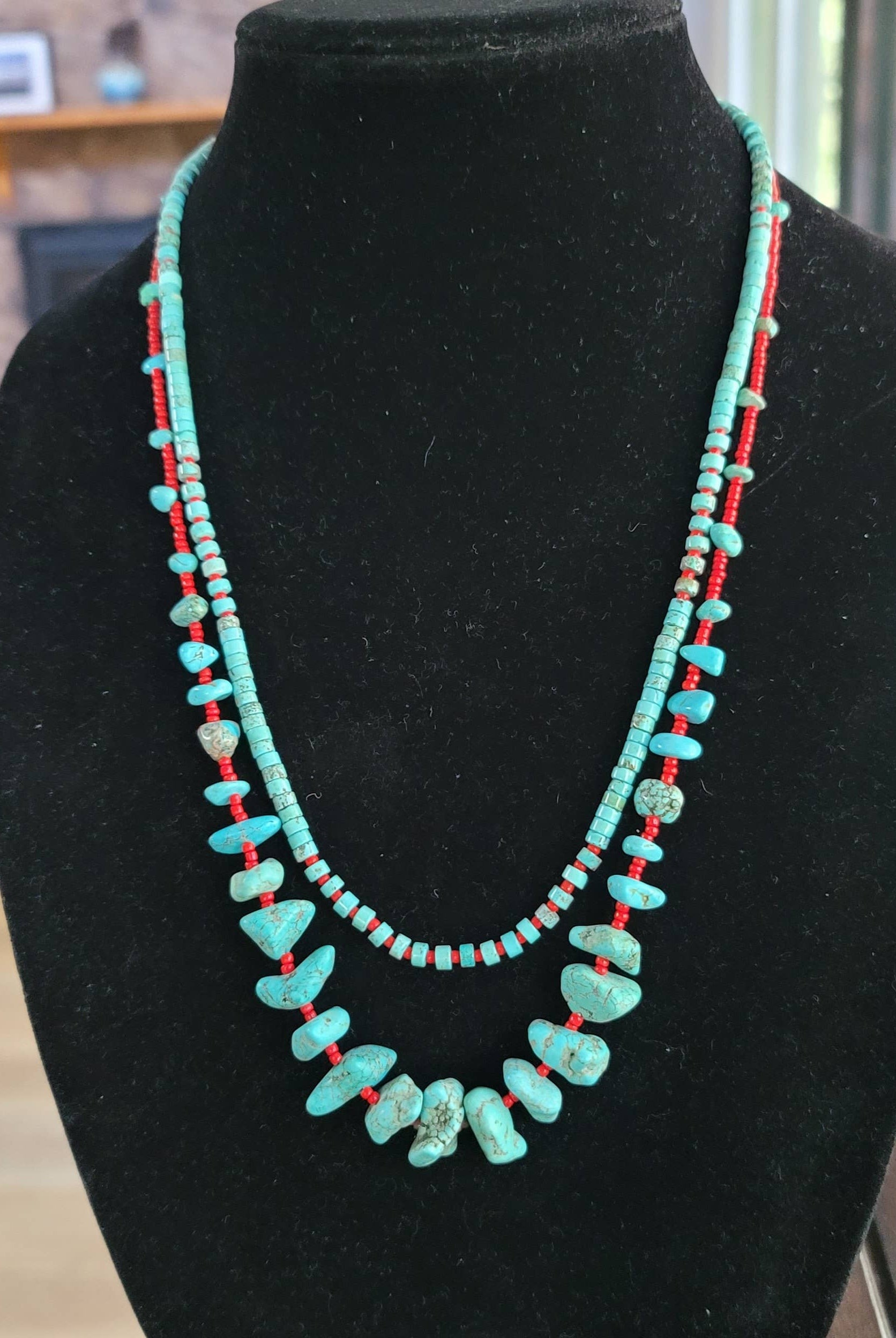 Case of 2 Turquoise, red glass bead necklaces, Native made-Necklaces-Horse Spirit Studio-Stuffology - Where Vintage Meets Modern, A Boutique for Real Women in Crosbyton, TX