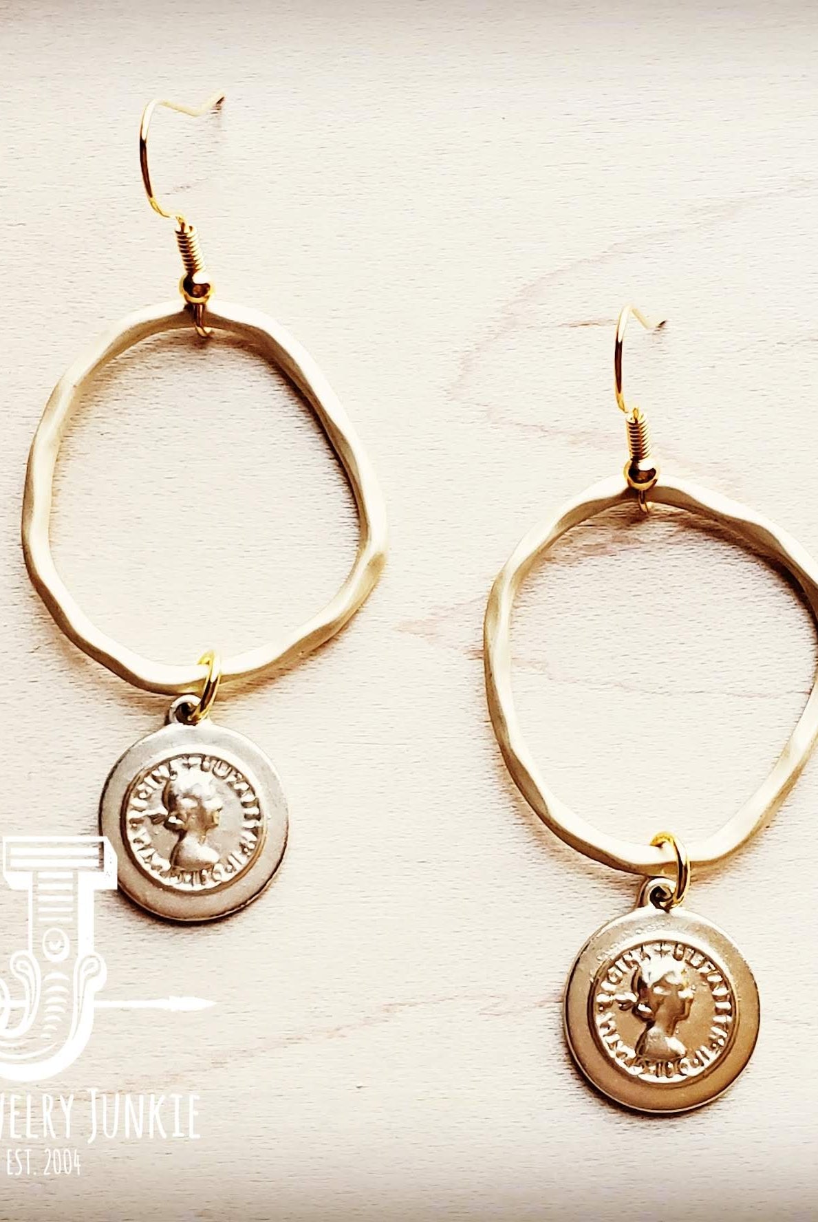 Matte Gold Hoop Earrings with Coin Dangle 203v-The Jewelry Junkie-Stuffology - Where Vintage Meets Modern, A Boutique for Real Women in Crosbyton, TX