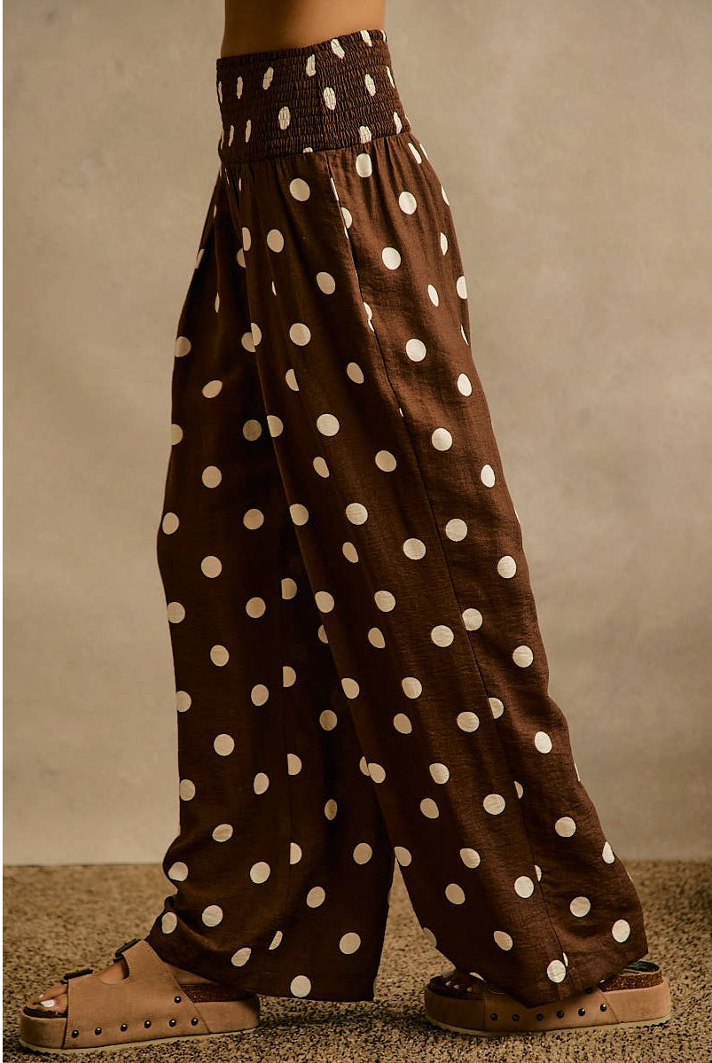 POLKA DOT CREPE SMOCKED POCKET WIDE LEG PANTS-So Me-Stuffology - Where Vintage Meets Modern, A Boutique for Real Women in Crosbyton, TX