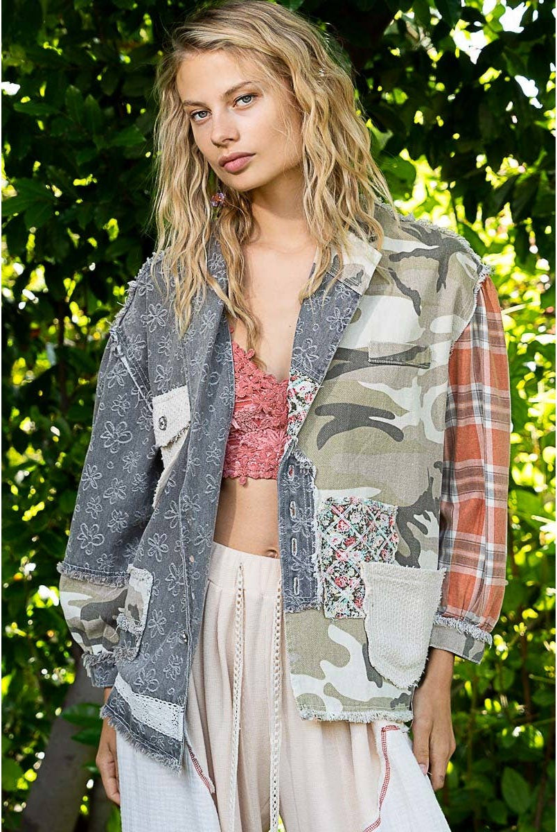 Oversized balloon sleeve camo pattern twill jacket-Jackets-Pol Clothing-Stuffology - Where Vintage Meets Modern, A Boutique for Real Women in Crosbyton, TX
