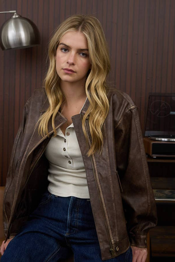 COLLARED ZIP-UP WASHED FAUX LEATHER JACKET-J.O.A-Stuffology - Where Vintage Meets Modern, A Boutique for Real Women in Crosbyton, TX