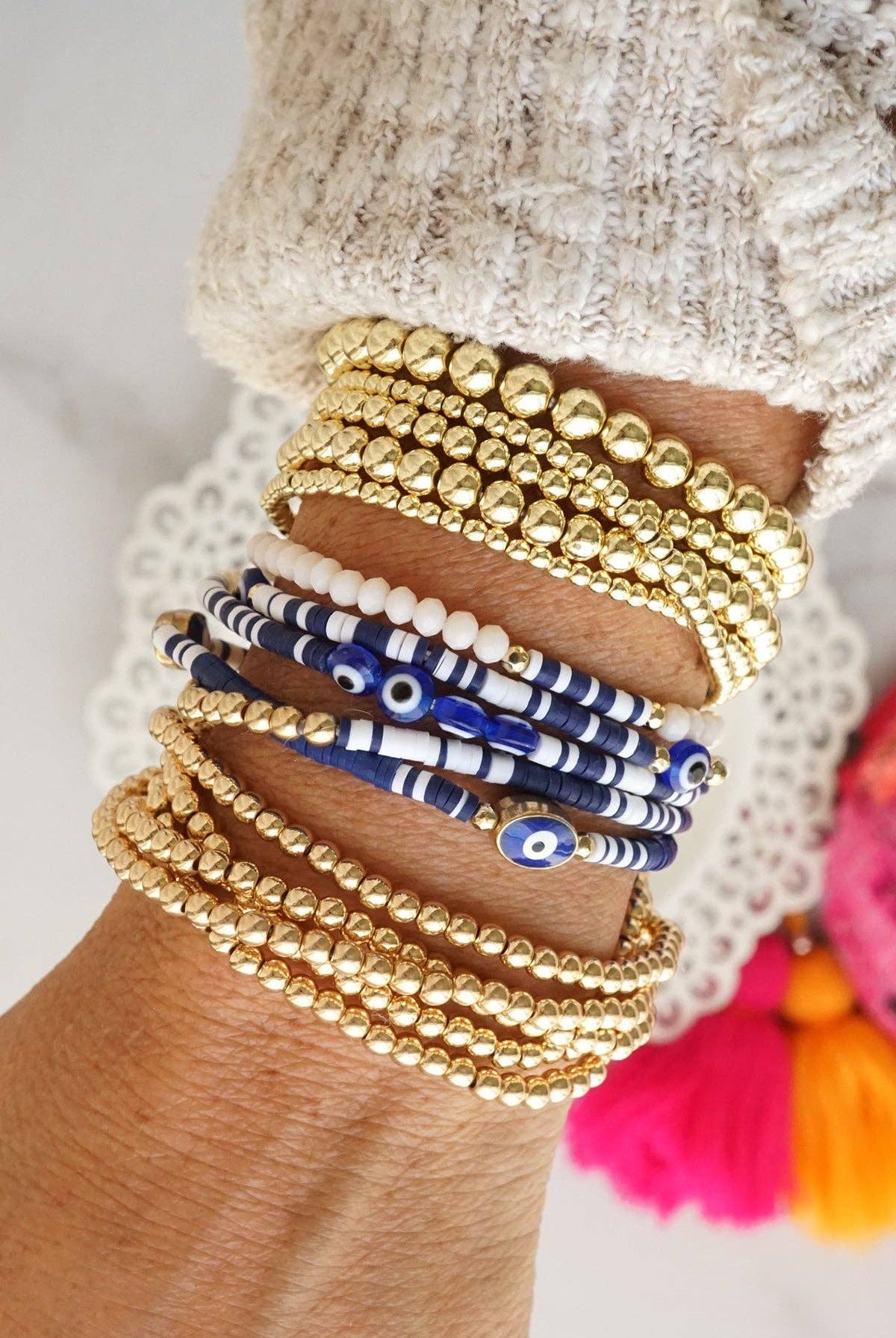 Small ball beads bracelet stack of 5 bracelets Worn Gold-Bracelets-PennyLine inc-Stuffology - Where Vintage Meets Modern, A Boutique for Real Women in Crosbyton, TX