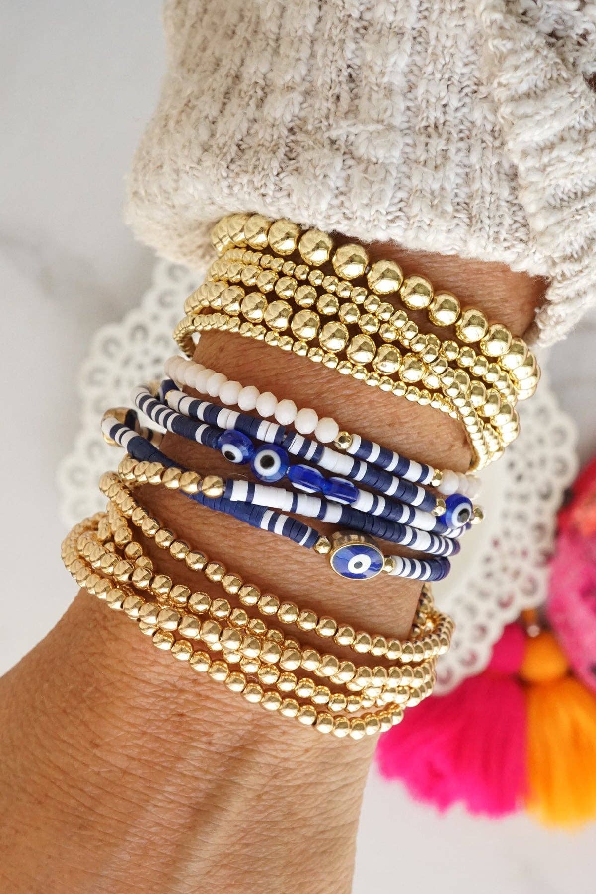 Small ball beads bracelet stack of 5 bracelets Worn Gold-Bracelets-PennyLine inc-Stuffology - Where Vintage Meets Modern, A Boutique for Real Women in Crosbyton, TX