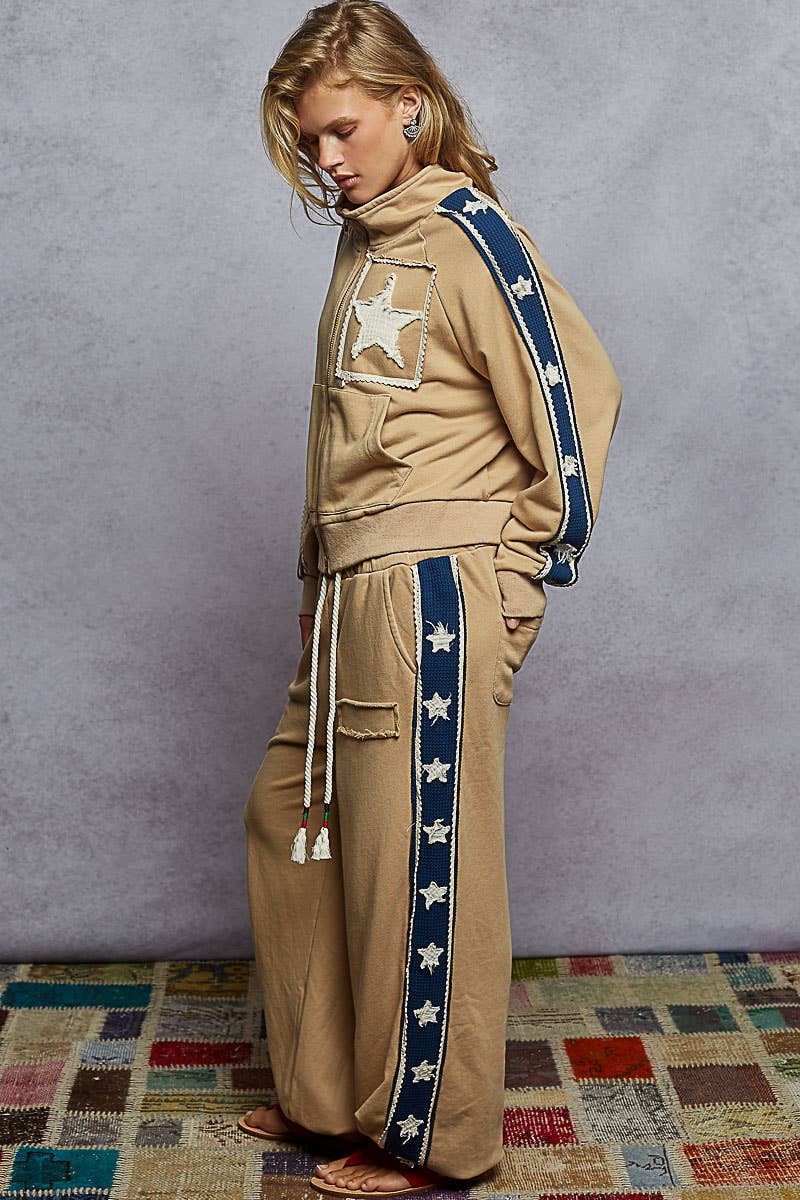 POL Clothing - Long sleeve French terry star patch striped elastic jacket-Jackets-Pol Clothing-Stuffology - Where Vintage Meets Modern, A Boutique for Real Women in Crosbyton, TX