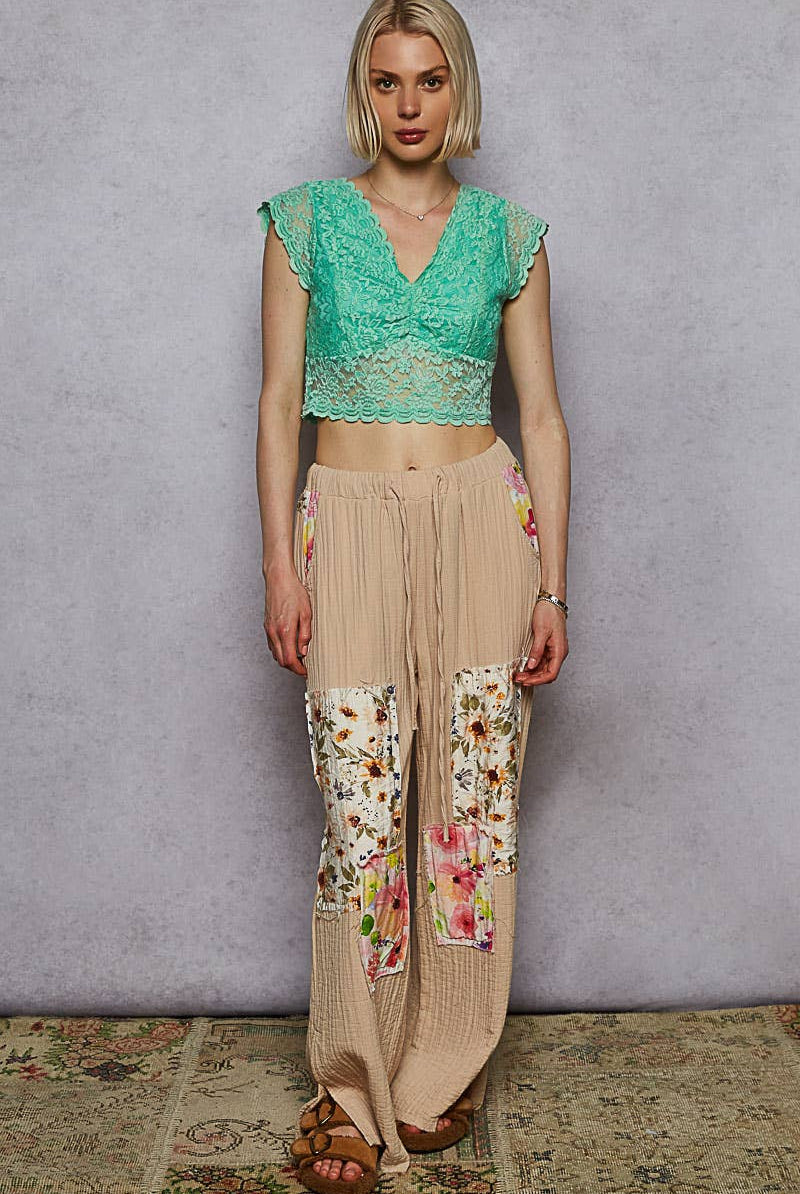 POL Double Gauze Floral Patch Pants-Pants-Pol Clothing-Stuffology - Where Vintage Meets Modern, A Boutique for Real Women in Crosbyton, TX