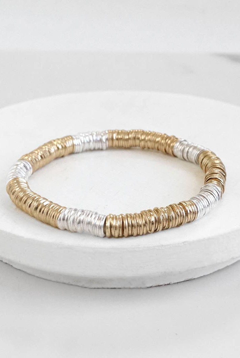 Heishi Disc Boho beaded stretchy bracelet Silver Gold Shell-Bracelets-PennyLine inc-Stuffology - Where Vintage Meets Modern, A Boutique for Real Women in Crosbyton, TX