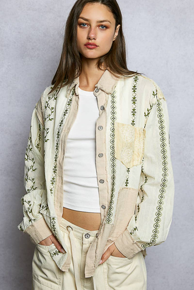 Long Sleeve Embroidered Woven Stripe Contrast Shirt Top-Top-Pol Clothing-Stuffology - Where Vintage Meets Modern, A Boutique for Real Women in Crosbyton, TX