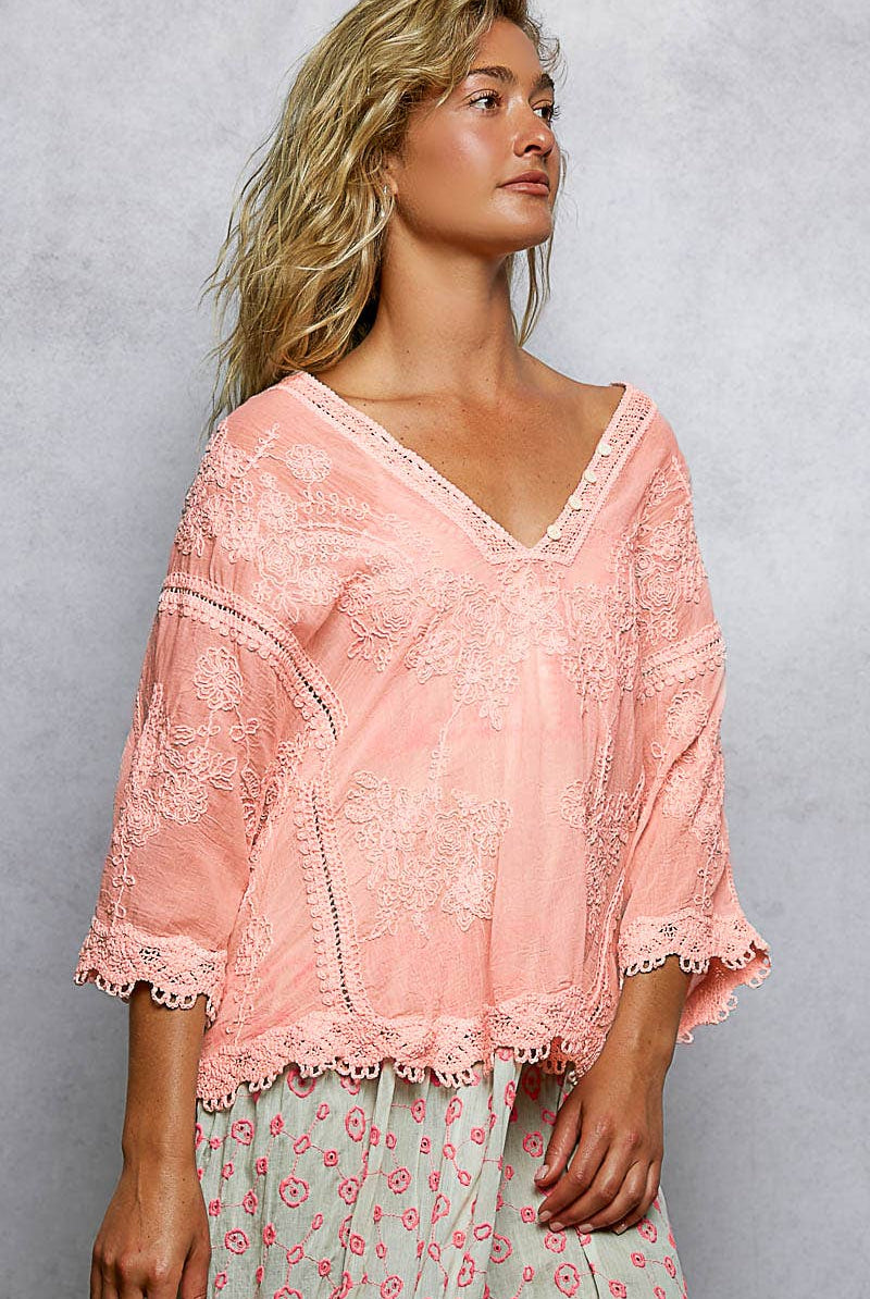 POL Clothing V-neck Short Sleeve Floral Embroidered Crochet Blouse Top-Crochet Top-Pol Clothing-Stuffology - Where Vintage Meets Modern, A Boutique for Real Women in Crosbyton, TX