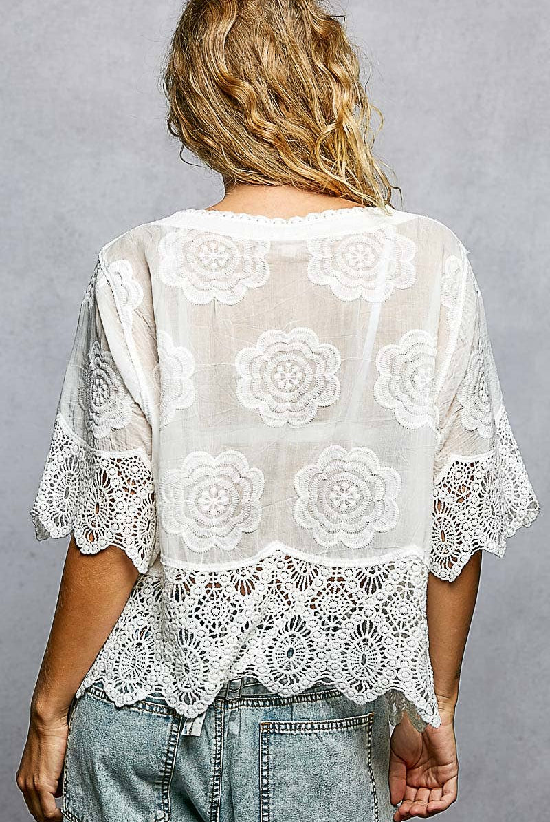 Crochet Trim Neckline Short Sleeve Jacket Top-Pol Clothing-Stuffology - Where Vintage Meets Modern, A Boutique for Real Women in Crosbyton, TX