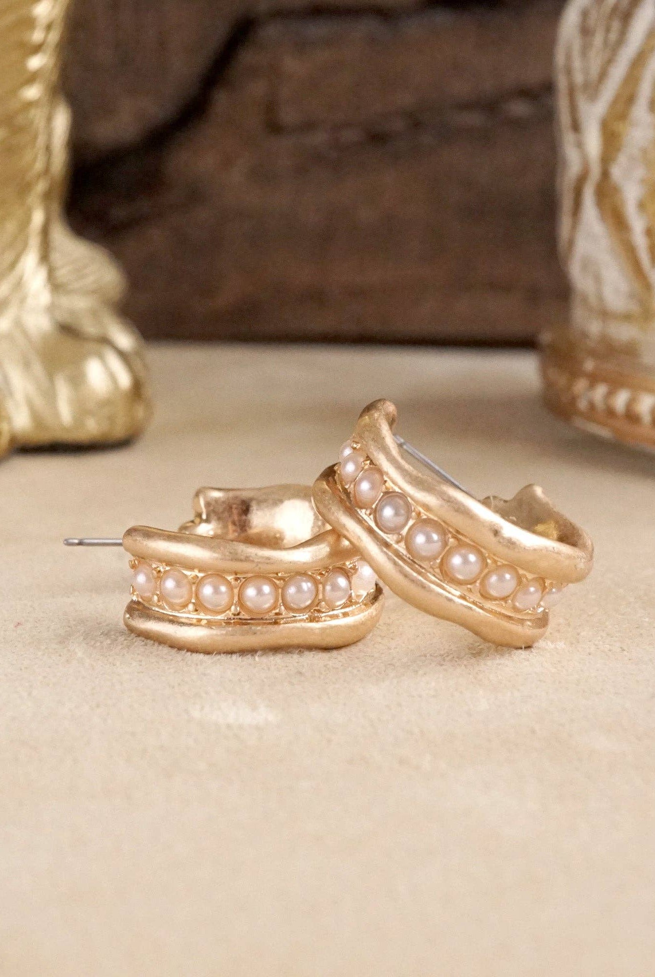 Minimalist Hoops with Faux Pearls or Turquoise – Brushed Gold-Earrings-PennyLine inc-Stuffology - Where Vintage Meets Modern, A Boutique for Real Women in Crosbyton, TX