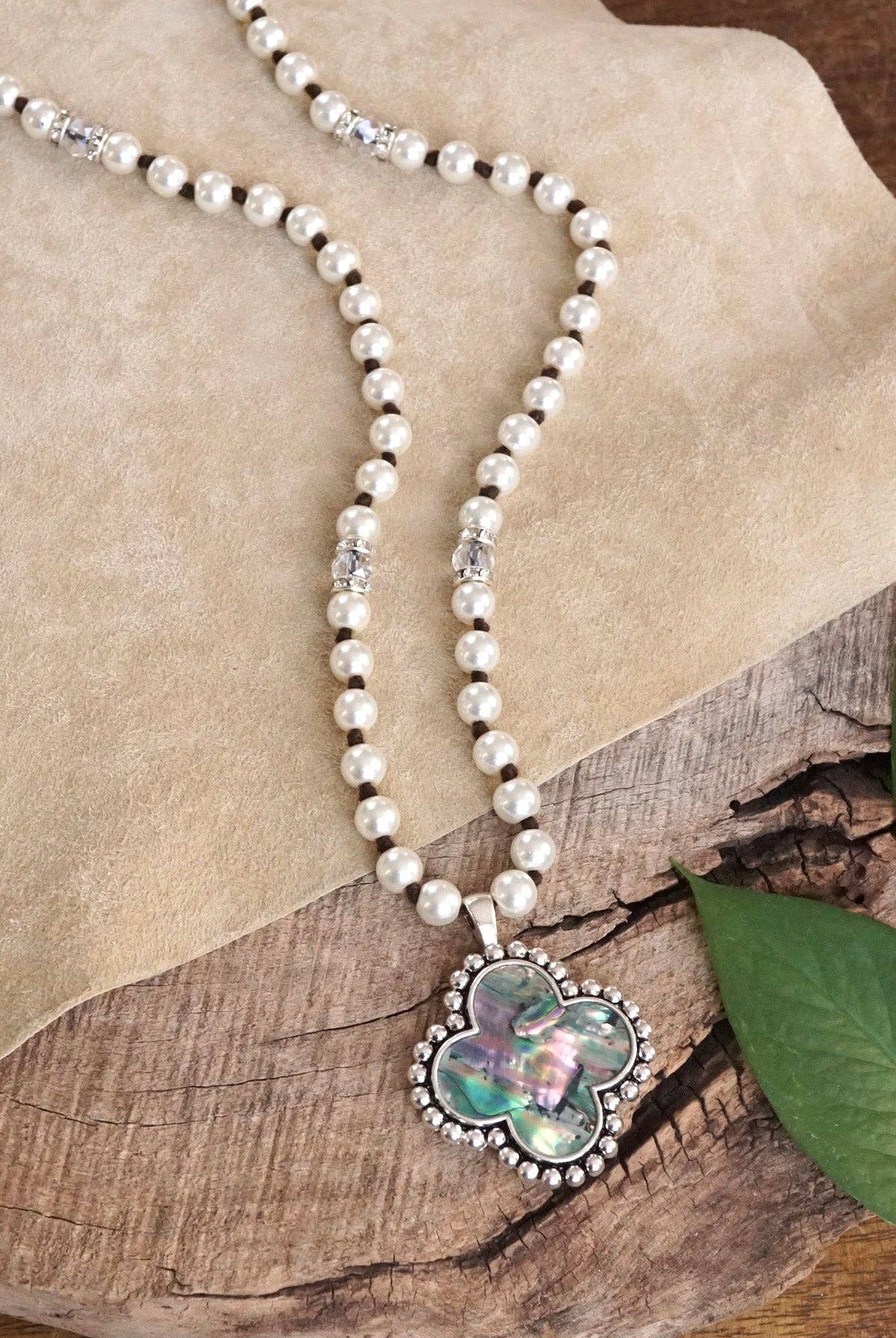 Pearlized beads Necklace with Cross and Clover pendant Mother of Pearl Abalone-PennyLine inc-Stuffology - Where Vintage Meets Modern, A Boutique for Real Women in Crosbyton, TX