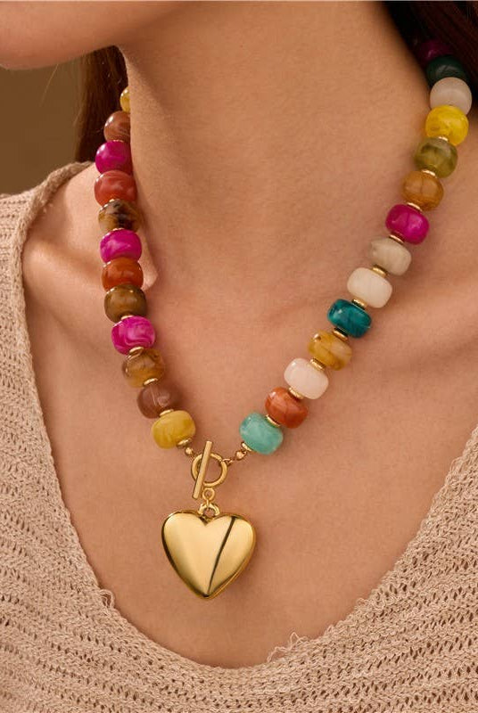 MULTI BEADED HEART CHARM TOGGLE NECKLACE-Necklaces-Stuffology Boutique-Stuffology - Where Vintage Meets Modern, A Boutique for Real Women in Crosbyton, TX