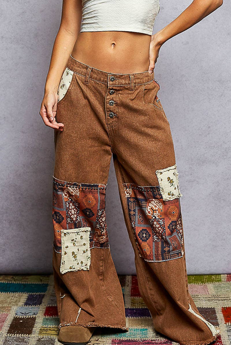 POL Clothing Boho Patchwork Denim Wide Leg Jeans-Jeans-Pol Clothing-Stuffology - Where Vintage Meets Modern, A Boutique for Real Women in Crosbyton, TX