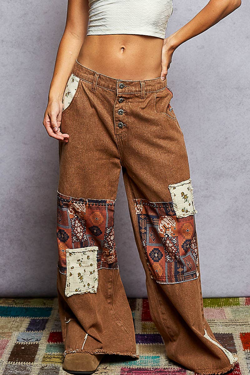 POL Clothing Boho Patchwork Denim Wide Leg Jeans-Jeans-Pol Clothing-Stuffology - Where Vintage Meets Modern, A Boutique for Real Women in Crosbyton, TX
