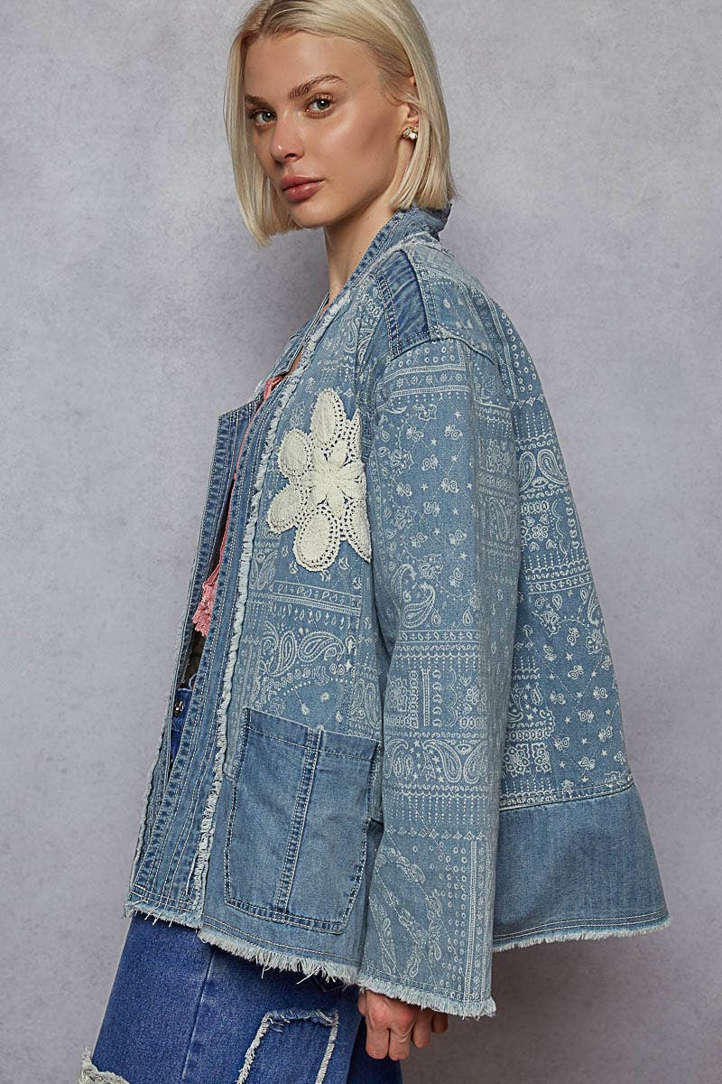 POL Clothing - Paisley pattern patch detail quilted woven twill jacket-Denim Jacket-Pol Clothing-Stuffology - Where Vintage Meets Modern, A Boutique for Real Women in Crosbyton, TX